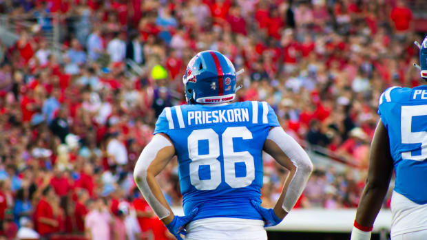 Ole Miss Rebels tight end Caden Prieskorn on the field versus the LSU Tigers in Week 5 (2023).